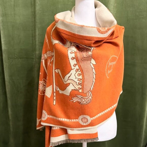 Reversible Equestrian Print Shawl Wrap – Orange & Cream, Soft Warm Cape - Picture 5 of 9